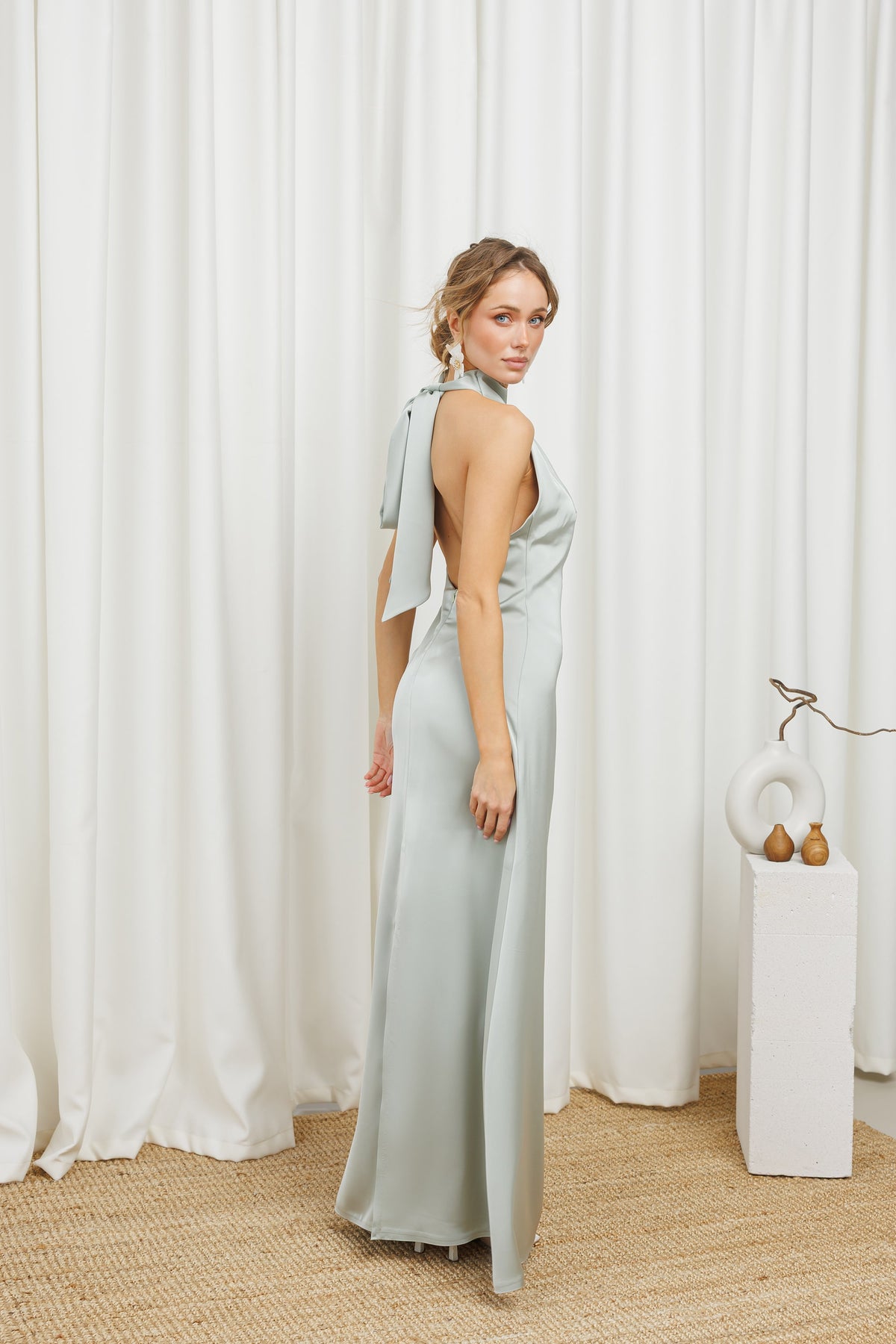 Satin Tie-Neck Halter Maxi Dress
