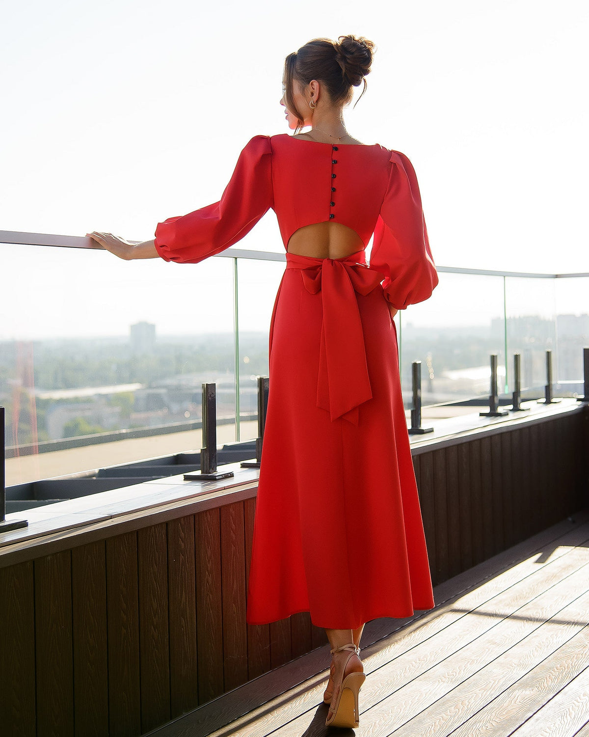 Backless Puff Sleeve Midi Dress