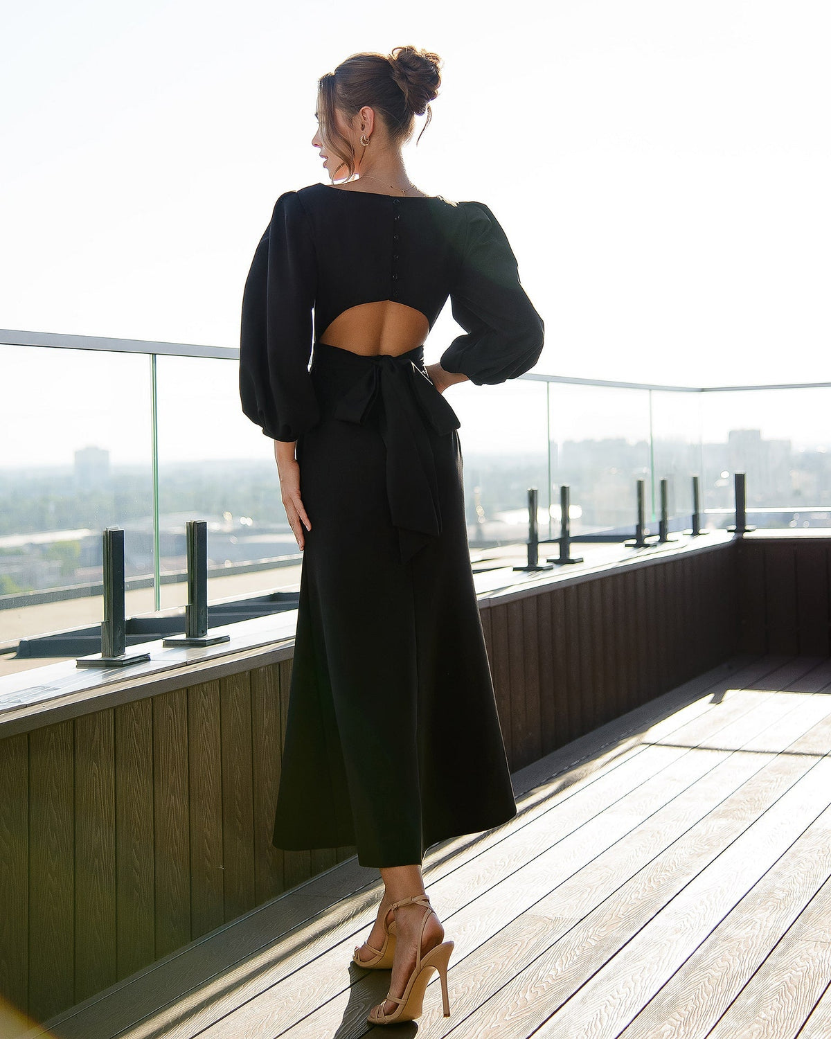 Backless Puff Sleeve Midi Dress