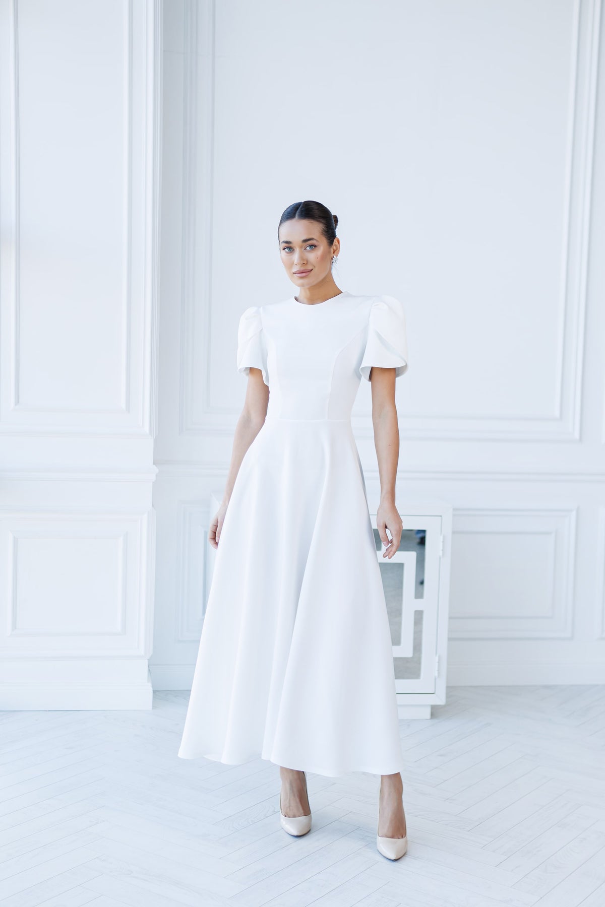 Alexa Round Neck Puff-Sleeve Midi Dress