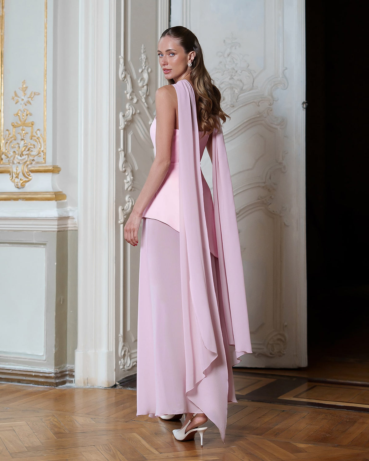Strapless Back Scarf Overskirt Maxi Dress