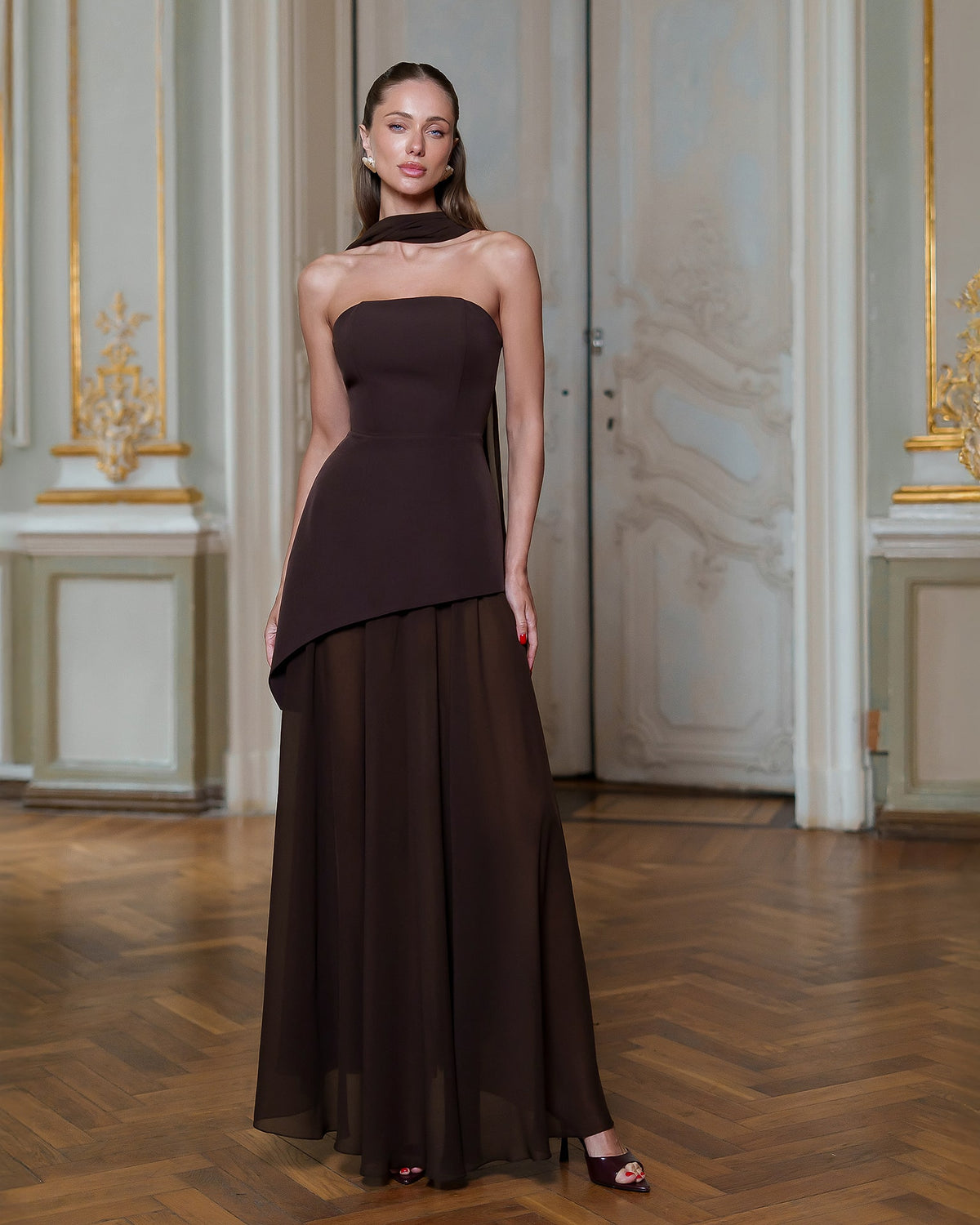 Strapless Back Scarf Overskirt Maxi Dress