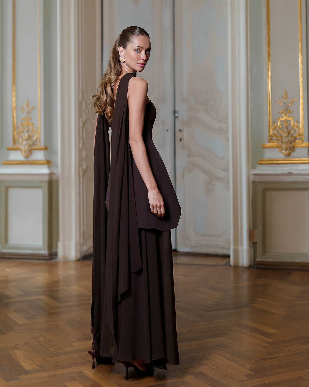 Strapless Back Scarf Overskirt Maxi Dress