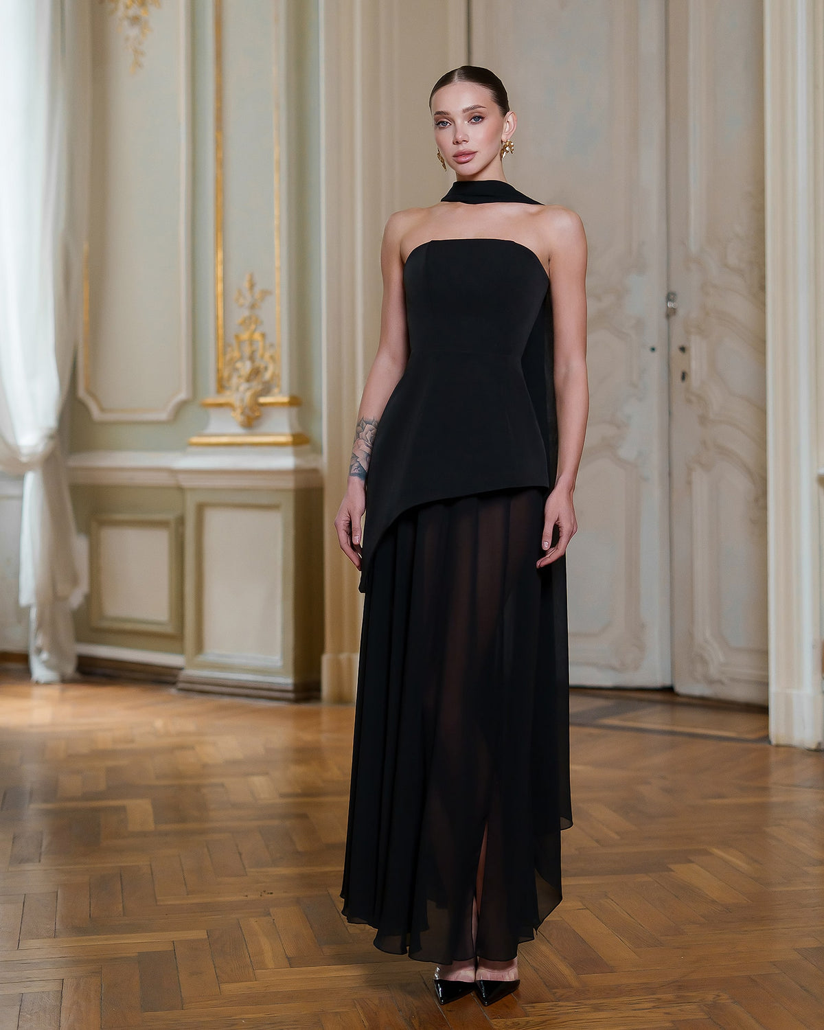Strapless Back Scarf Overskirt Maxi Dress