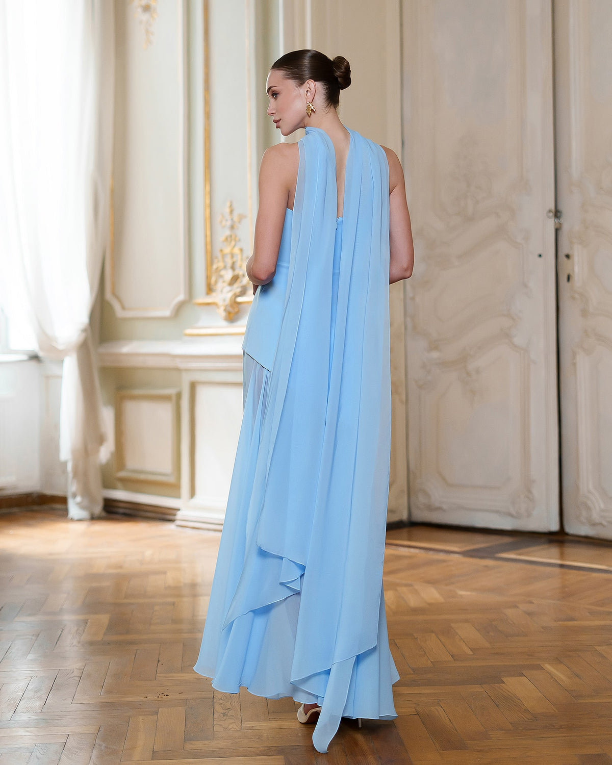 Strapless Back Scarf Overskirt Maxi Dress
