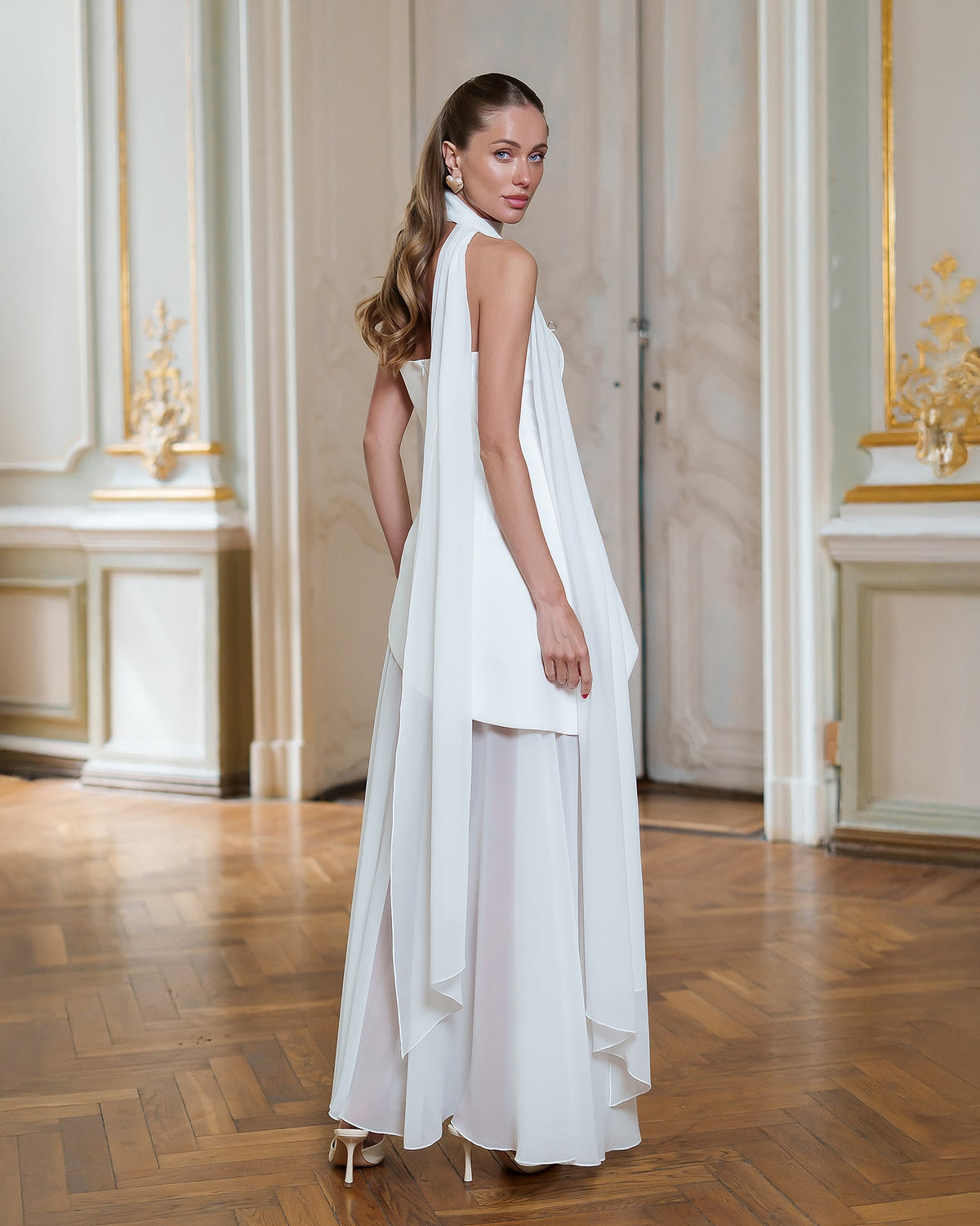 Strapless Back Scarf Overskirt Maxi Dress