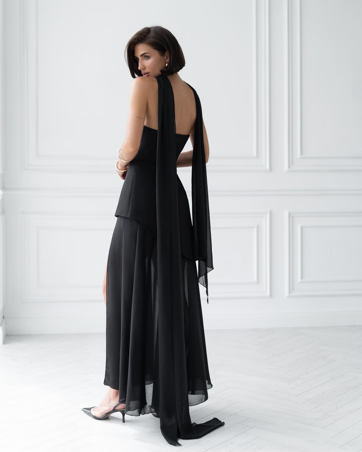 Strapless Back Scarf Overskirt Maxi Dress