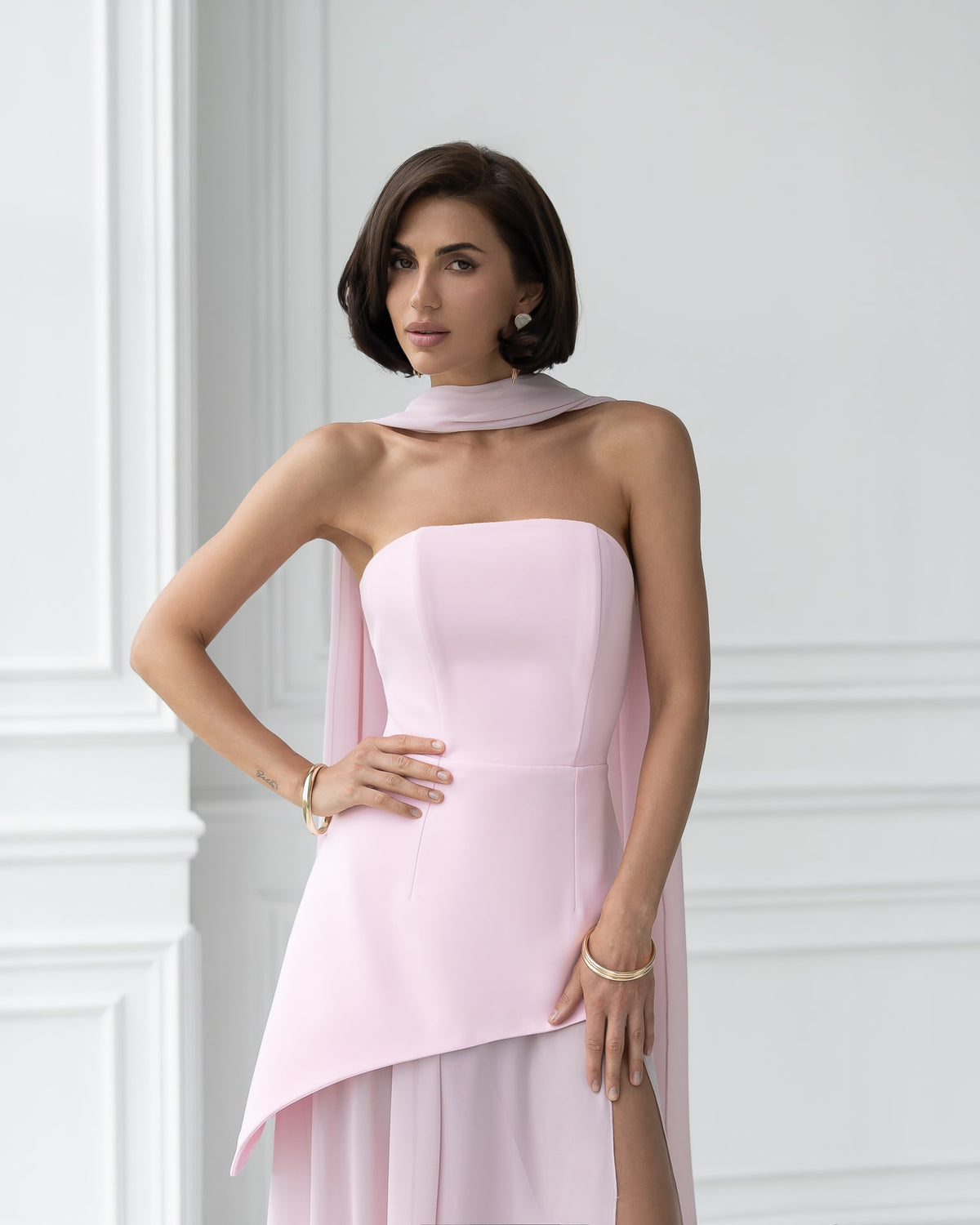 Strapless Back Scarf Overskirt Maxi Dress