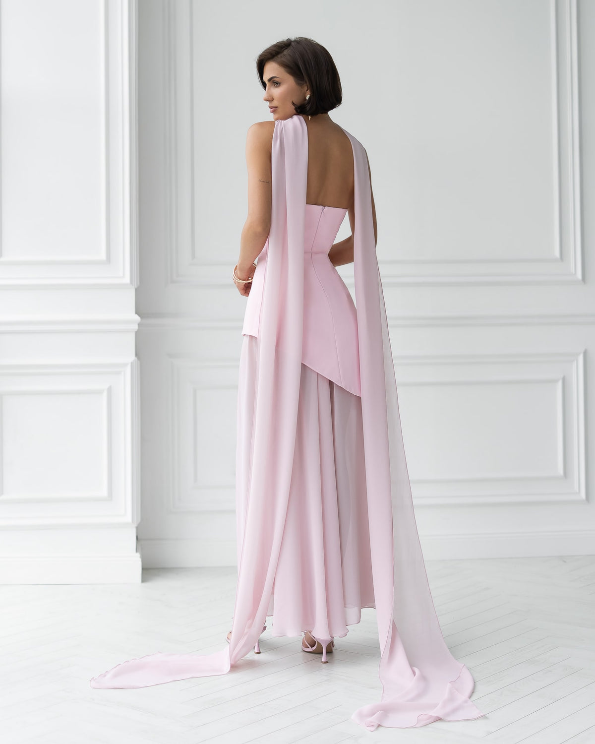 Strapless Back Scarf Overskirt Maxi Dress