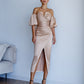 Satin Puff-Sleeve Midi Dress