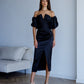Satin Puff-Sleeve Midi Dress