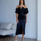 Satin Puff-Sleeve Midi Dress