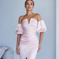 Satin Puff-Sleeve Midi Dress