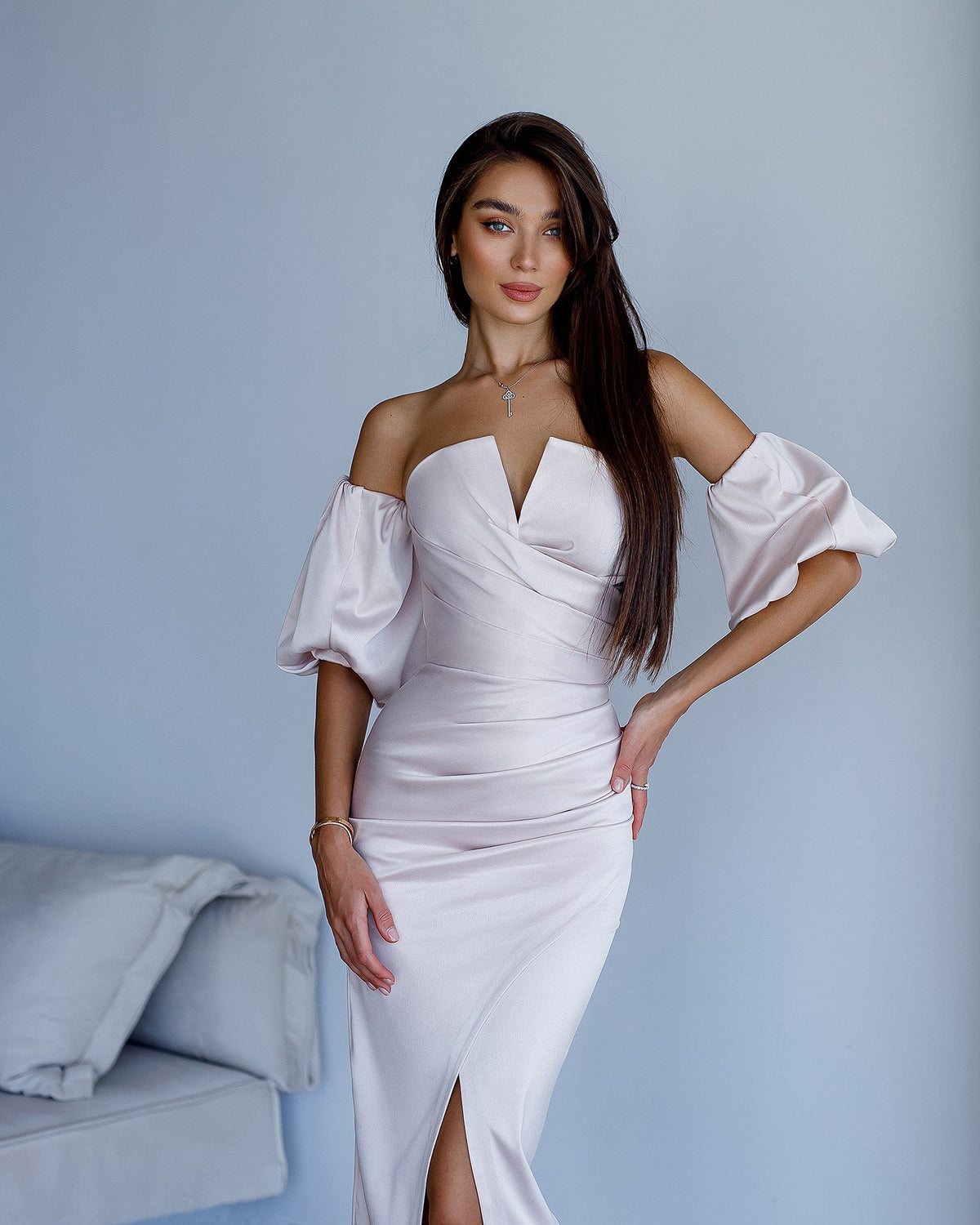 Satin Puff-Sleeve Midi Dress