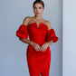 Satin Puff-Sleeve Midi Dress