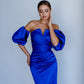 Satin Puff-Sleeve Midi Dress