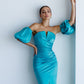 Satin Puff-Sleeve Midi Dress
