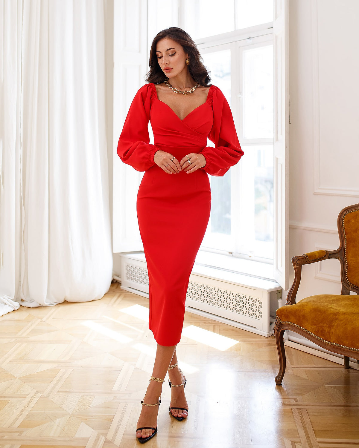 Puff-Sleeve Midi Dress