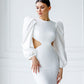 Backless Cut-Out Puff-Sleeve Midi Dress