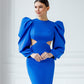 Backless Cut-Out Puff-Sleeve Midi Dress