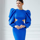 Backless Cut-Out Puff-Sleeve Midi Dress