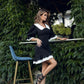 Black Collared Short Sleeve Mini Dress