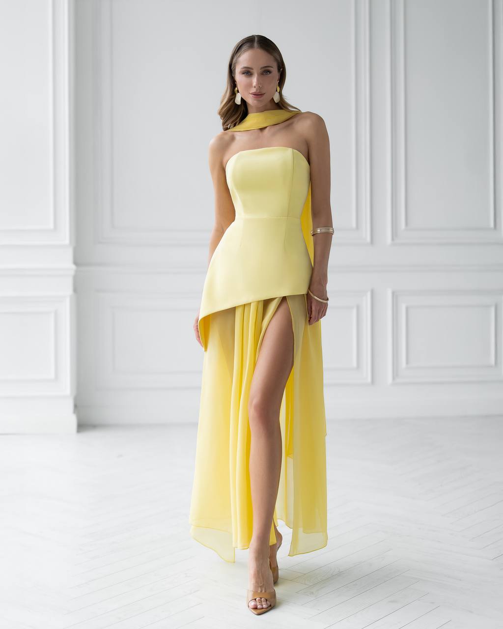 Strapless Back Scarf Overskirt Maxi Dress