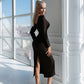Square Neck Long Sleeve Midi Dress