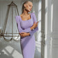 Square Neck Long Sleeve Midi Dress