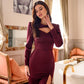 Satin Long Sleeve Midi Dress