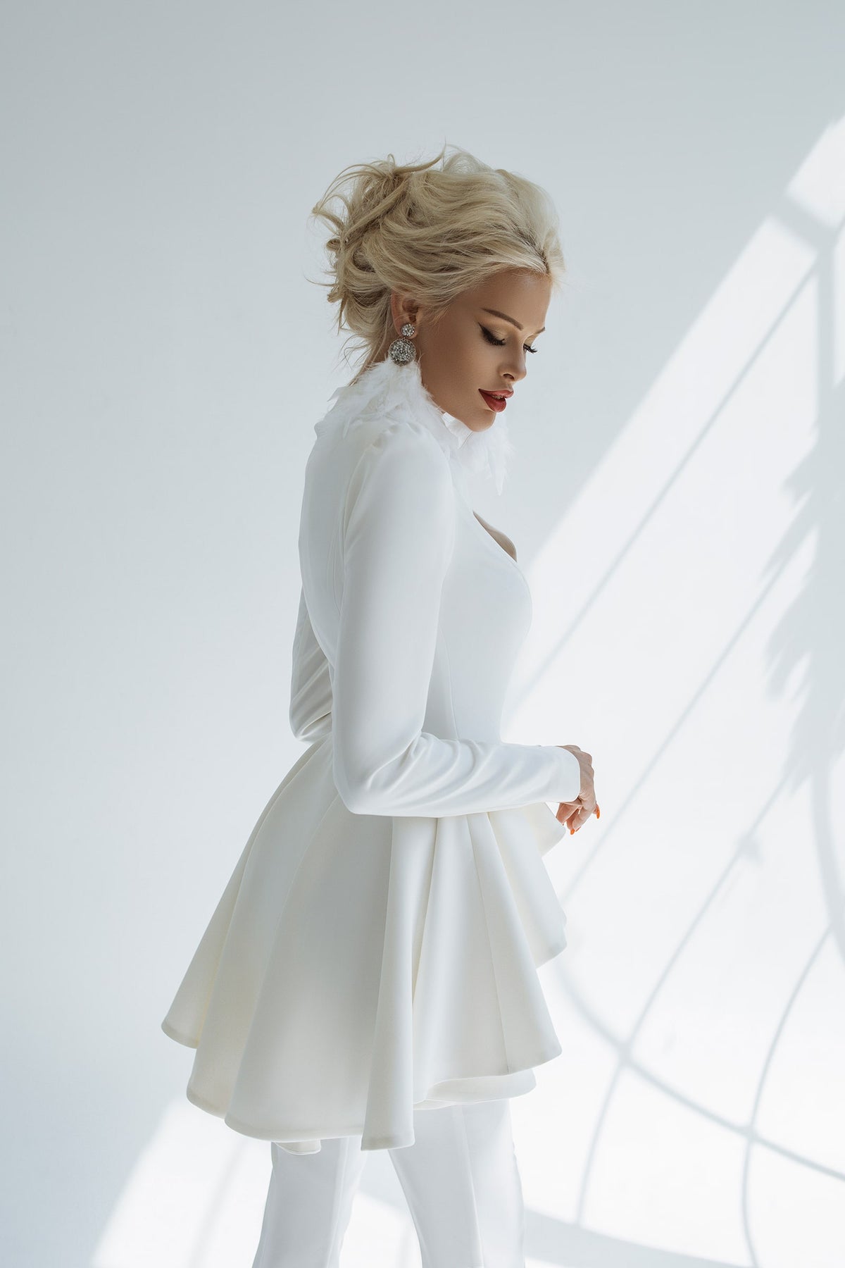 2-Piece Bridal Pants Suit with Peplum Deep V-Jacket