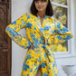 Yellow With Blue Floral Print Summer Oversized Silk Pajama Suit