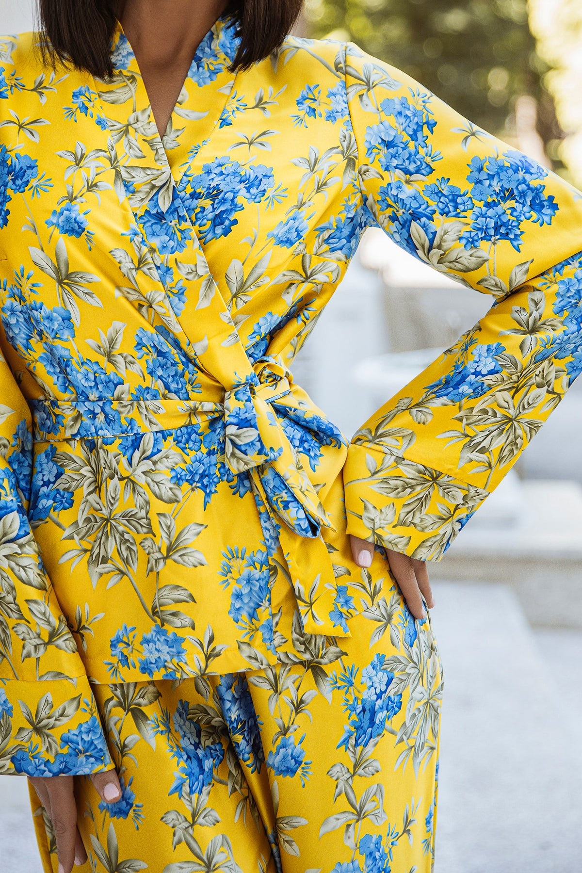 Yellow With Blue Floral Print Summer Oversized Silk Pajama Suit