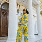 Yellow With Blue Floral Print Summer Oversized Silk Pajama Suit