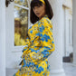 Yellow With Blue Floral Print Summer Oversized Silk Pajama Suit
