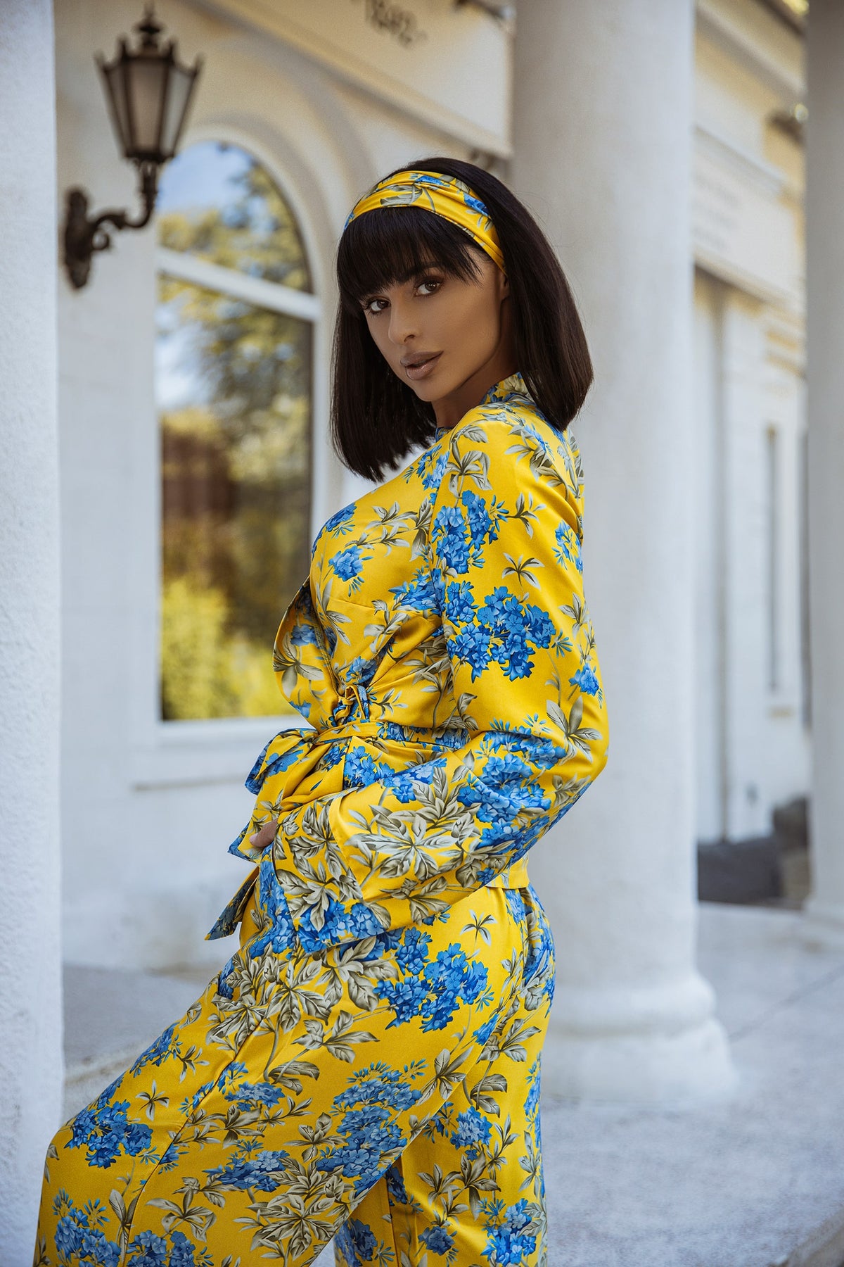 Yellow With Blue Floral Print Summer Oversized Silk Pajama Suit