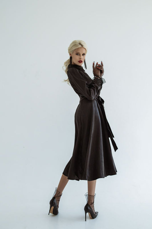 Satin Midi Dress Sheath Long Sleeve & Collared Neckline