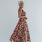 Red Rose Print Silk Maxi Sleeves Dress With Fluffy Skirt