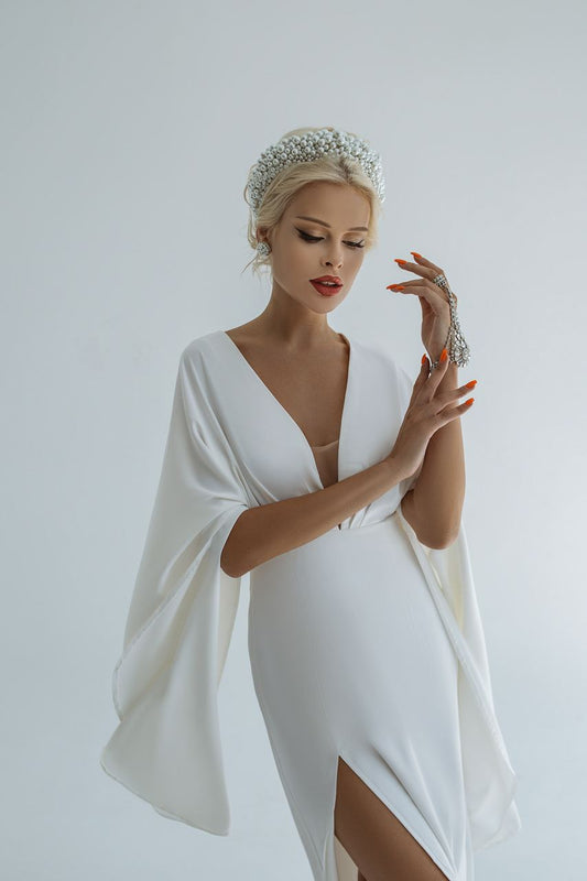 Bridal Maxi Dress With Long Flared Angel Sleeves with Deep V And High Slit