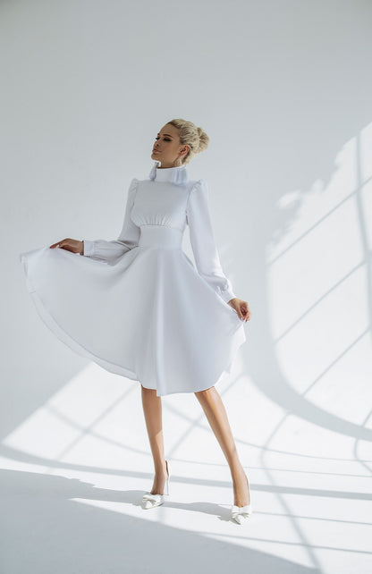 Bride High Neck Midi Dress With Long Sleeves & Fluffy Skirt