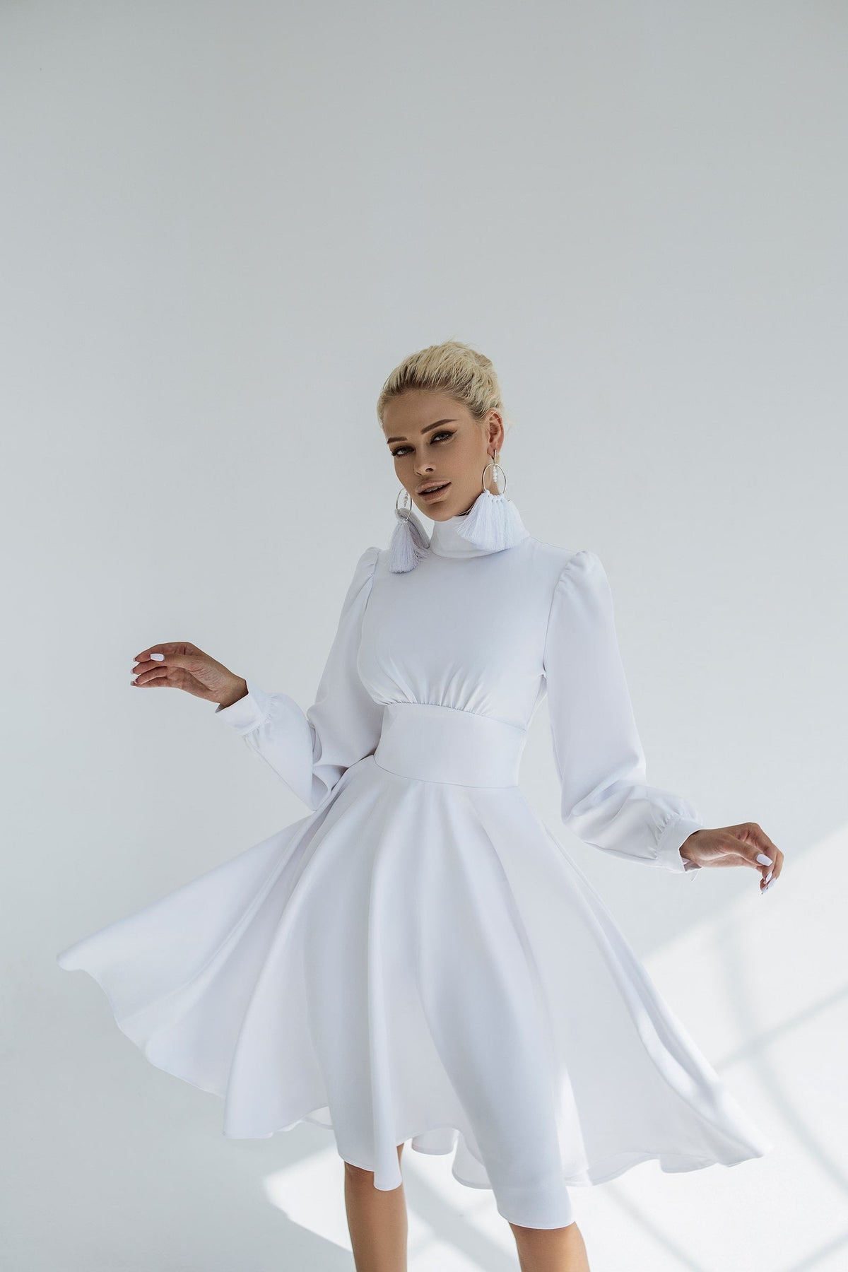 Bride High Neck Midi Dress With Long Sleeves & Fluffy Skirt