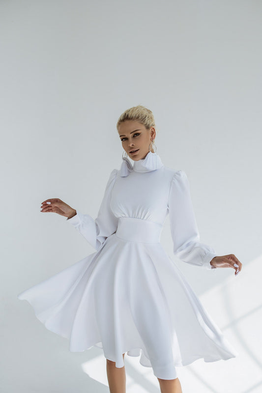 Bride High Neck Midi Dress With Long Sleeves & Fluffy Skirt