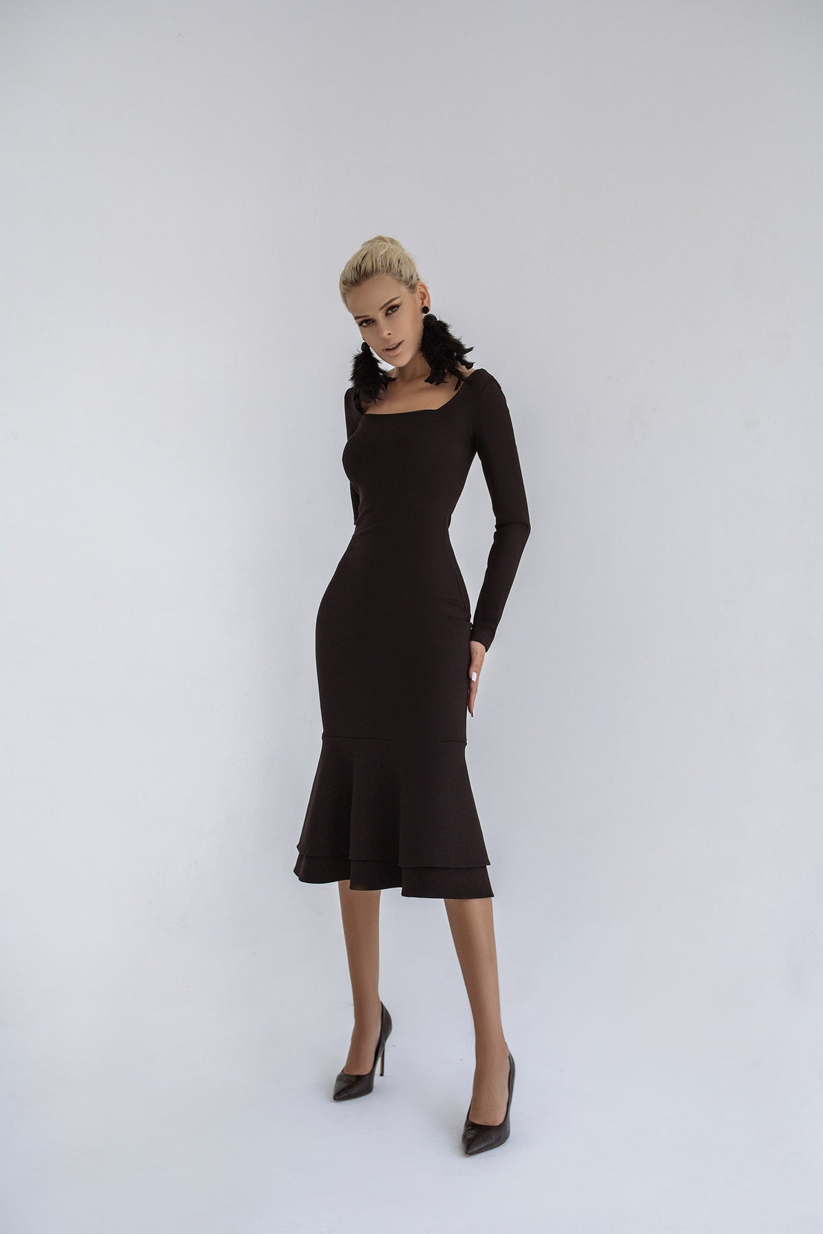 Knitted Fabric Dress Midi Slip Long Sleeve