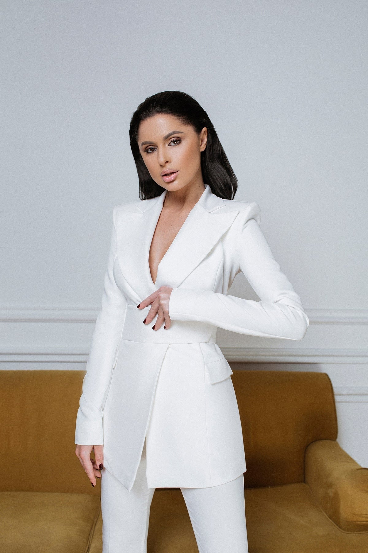 2-Piece Bridal Pantsuit With Deep V Jacket