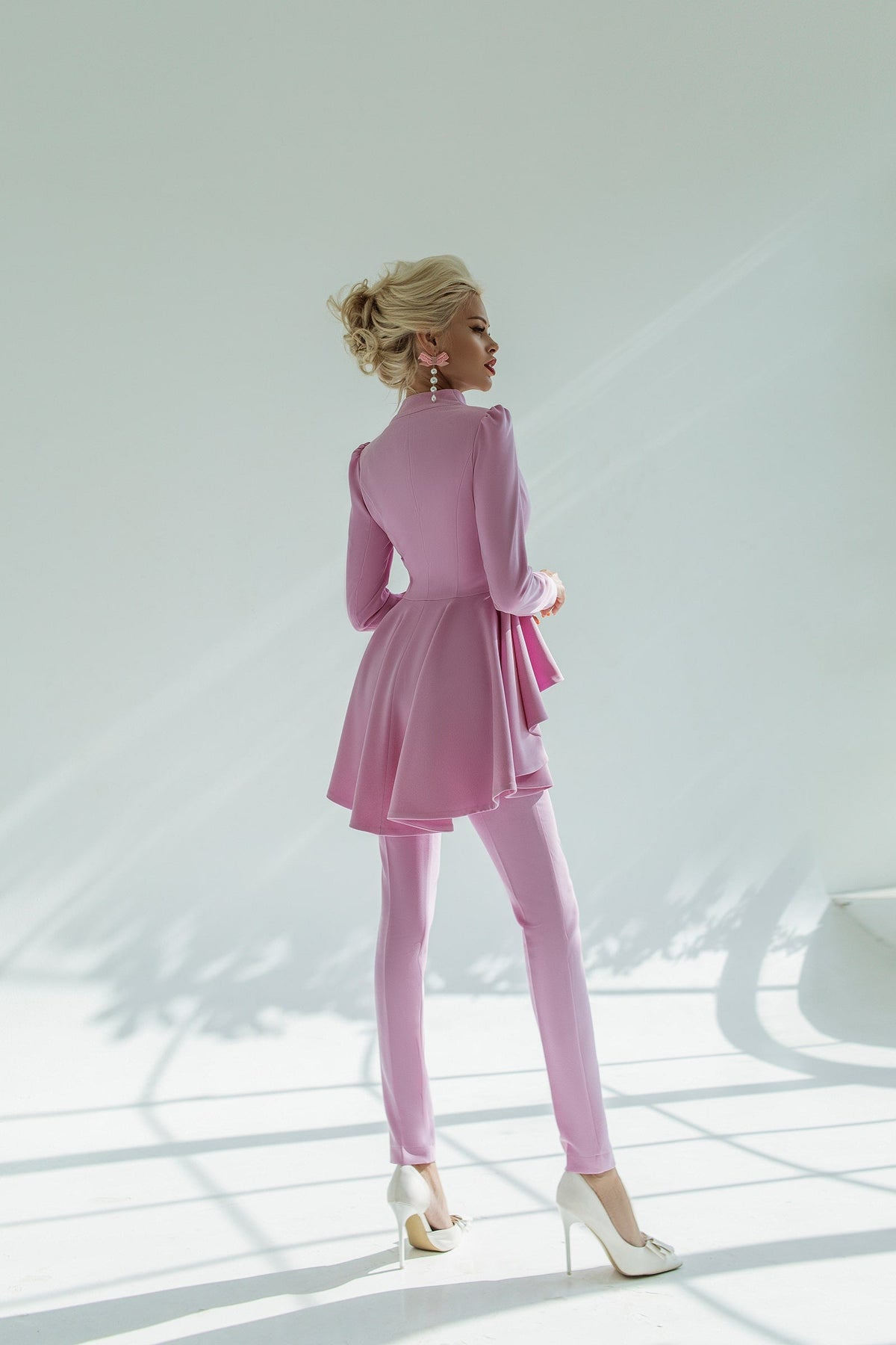 2-Piece Formal Pants Suit with Peplum Deep V-Jacket