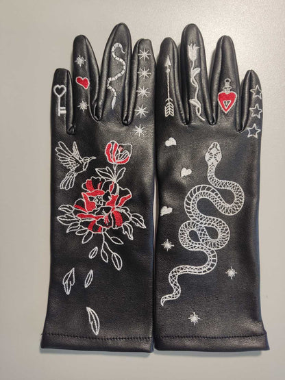 Eco-Leather Gloves With Colored Machine Embroidery