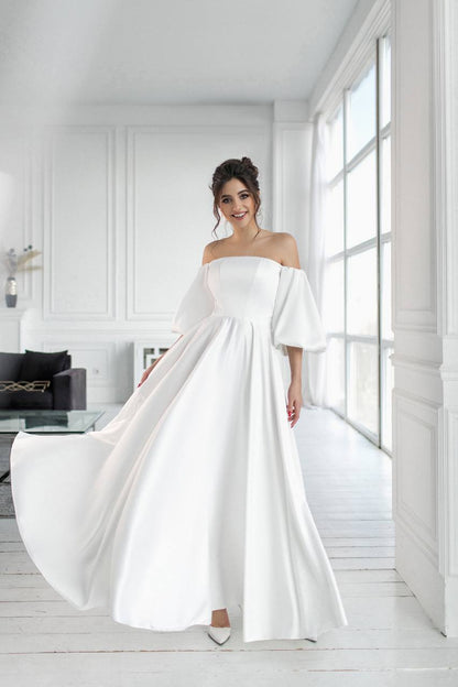 Bridal Satin Puff-Sleeve Maxi Dress