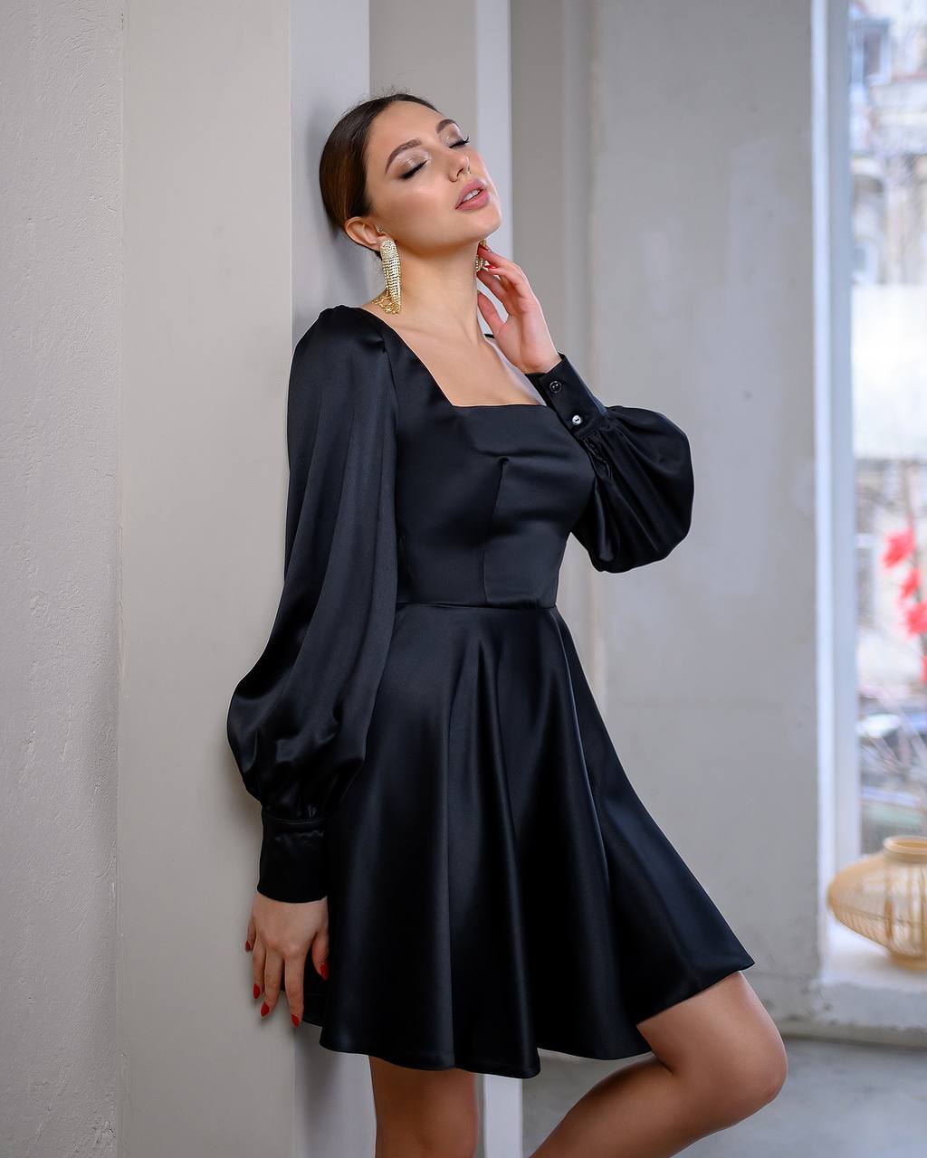 Satin Long Sleeve Mini Dress