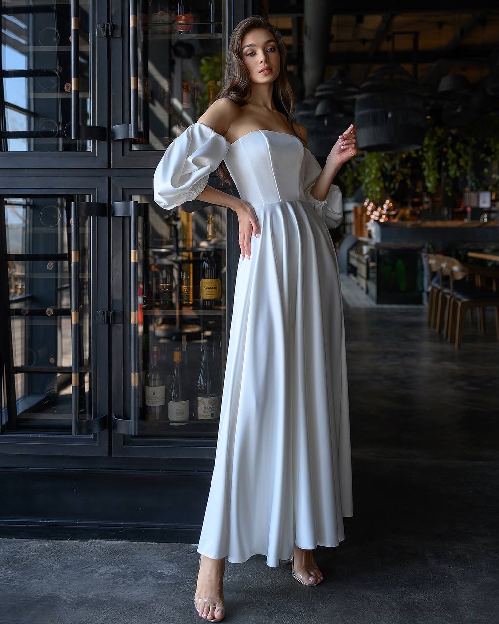 Bridal Satin Puff-Sleeve Maxi Dress
