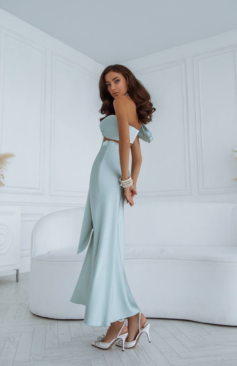 Satin Bow Top & Midi Skirt 2-Piece Set